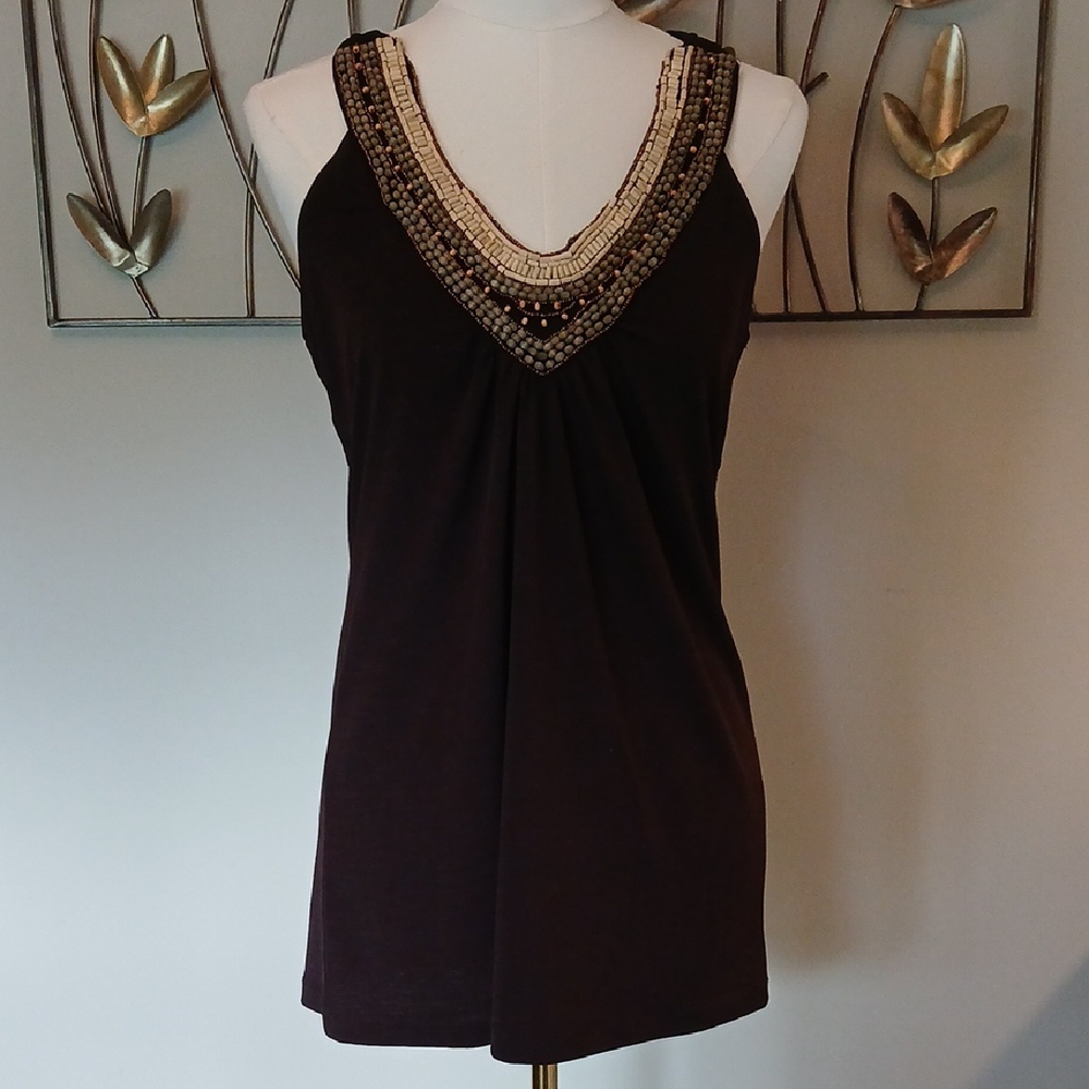 Brown Beaded V-Neck Sleeveles Top